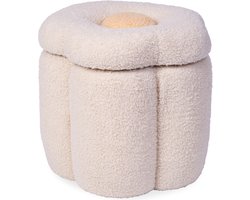Childhome Bloem Poef - Speelgoedkist - 2-in-1 Opbergbox - 35x35x32 cm - Ecru - Teddy Stof - Zachte Zitpoef - opbergbox met deksel