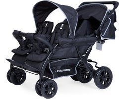 Childhome Quadruple Kinderwagen – 4 Zitplaatsen – Met Regenhoes & Zonnekappen – Zwart – Voor Kinderen tot 15 kg
