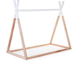 Childhome Tipi Bed 70 x 140 cm - Kinderbed in Tentvorm van Massief Hout - Frame Rechtstreeks op de Vloer zonder Valrisico - Te Personaliseren met Lichtjes, Slingers of een Cover - Lattenbodem Apart Verkrijgbaar - Naturel/Wit