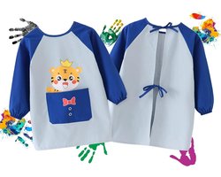 Children's Painting Aprons with Bag Small Tiger with Crown, Waterproof and Dirt-Repellent, Lightweight and Breathable, Art Painting in School Cooking (Blue