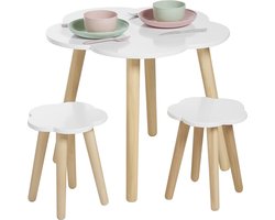 Children's Table with 2 Stools Set (Age 3-8 Years) White Children's Table with 2 Chairs in Heavenly Cloud Design, Premium Wooden Children's Furniture