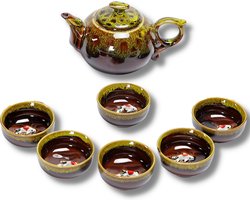 Chinese Kung Fu theeset keramiek - Theepot met 6 kopjes - Koi karper design - Geel