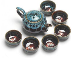 Chinese Kung Fu theeset keramiek - Theepot met 6 mini kopjes - Koi karper design - Blauw