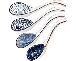 Chinese soeplepelset - 4-delige set - Ramen-lepel - Lepel met lange steel - Blauw-witte porseleinen lepel - 16,5 x 4,5 cm