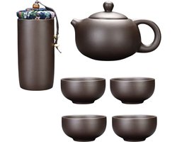 Chinese Thee set Gong fu - Kopjes, Theepotje & Theebewaarpotje in koffertje - Bruin Keramiek
