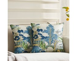 Chinoiserie kussensloop - blauw - set van 2 - 50 x 50 cm - linnen