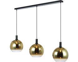 Chique eettafellamp Chandra | 3 lichts | goud / transparant / zwart | glas / metaal | 110 x 9 cm lange balk | in hoogte verstelbaar tot 150 cm | Ø 30 cm | eetkamer / eettafel lamp | modern / sfeervol / chique design
