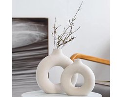 CHIWIN 2-delige Keramische Vaas Set – Ronde Vazen in Mat Crème – Decoratieve Donut Vaas voor Pampasgras & Droogbloemen – Minimalistisch Cadeau & Interieurdecoratie voor Woonkamer, Kantoor & Tafel