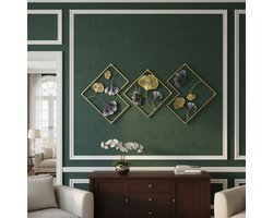 CHIWIN 3 stucks modern deco muurdecoratie - Metalen Ginkgo Wanddecoratie 3-delig – 3D Wandkunst Met Diamantraam – Vintage Stijl Wandbord