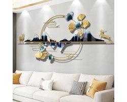 CHIWIN - 3D Metaal Wanddecoratie - Muurdecoratie Woonkamer - Handgemaakt Wand Decoratie - Ginkgo Blad & Hert Design - Modern Wand Decoratie Kunstwerk - voor Slaapkamer/Woonkamer - 130x59 cm