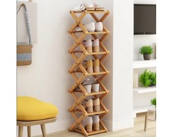 CHIWIN Bamboe Schoenenrek - Opvouwbaar Schoenenrek 7 Laags - Schoenenrek Klein Hout van Natuurlijk - Multifunctioneel Schoenenkast - Verticaal Ruimtebesparend - Geen montage nodig - voor Hal, Entree, Woonkamer of Garderobe