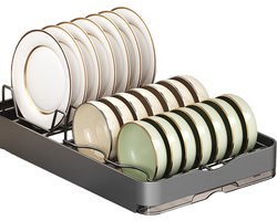 CHIWIN Besteklade organizer Uitschuifbare lade - Opbergrek voor keukenlade - Verstelbare Afstandsstukken voor Borden & Kopjes - Inklapbare Lepelhouder - Inclusief Lekbak - 29.5x45.5x5.5 cm - Carbon Staal