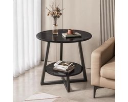 CHIWIN - Bijzettafel - Bijzet Tafel Rond - met Dubbele Planken - Nachtkastje - Zwart Marmer Design - Metaal Stevig Kruisonderstel - voor Woonkamer/Slaapkamer - Eenvoudige Montage - 40 x 40 x 55 cm