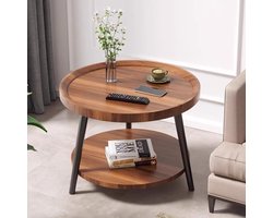 CHIWIN Bijzettafel Rond Walnootkleur - Salontafel Hout Woonkamer - Dubbele Laag Koffietafel - Modern Kleine Banktafel - Stabiel Driehoekig Frame - voor Woonkamer, Slaapkamer, Studeer- of Leeshoek