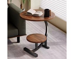 CHIWIN Bijzettafel Rond Woonkamer - Tweelaags Bruin Notenhout Bijzet Tafel - Multifunctioneel Tafeltje Bank - Industrieel Koffietafel - Kleine Laptoptafel - Nachtkastje - voor Woonkamer en Slaapkamer