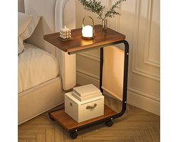 CHIWIN Bijzettafel Vierkant met Wieltjes - Nachtkastje Hout C-vorm - Bijzettafel Bank Industrieel - Ruimtebesparende Laptoptafel - Dubbele Koffietafel - Verrijdbaar Multifunctioneel Tafeltje - Bedtafel - voor Woonkamer/Slaapkamer - Walnootlook