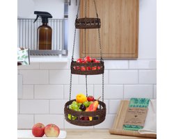 CHIWIN Fruitmand Hangend - Fruitschaal - Etagère 3 Laags - Verstelbaar en Afneembaar - Katoen & Bamboe - Handgeweven Knutselwerk - Keuken/Garden Opbergsysteem - 110 cm - Bruin