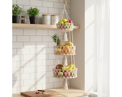 CHIWIN Fruitschaal Hangende Fruitmand 3 Laags – Macramé Gevlochten Fruit En Groente Hanger Van Katoentouw Met Bamboe Ringen – Ruimtebesparende Opbergmand Voor Keuken – Wit
