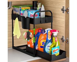 CHIWIN Gootsteenkast Organizer - 2-Laags Uittrekbaar Opbergrek – Onder Goorn Organizer – Verstelbaar – Met Haken & Beker – ABS + Staal – Zwart – Voor Keuken & Badkamer