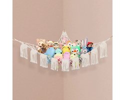 CHIWIN Knuffelnet voor in de Hoek - Groot 140 cm - Opbergnet voor Knuffels - Toy Hammock - Handgeweven Katoen - Wandnet voor Knuffels & Speelgoed - Ruimtebesparend - Bohemian Stijl - Inclusief Bevestigingsmateriaal