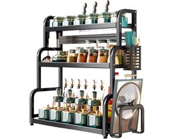 CHIWIN Kruidenrek - 3-laags Kruidenrek Keuken – Organizer voor Aanrecht met 4 Haken & Bestekhouder | Staand Metalen Kruidenrek Zwart 50x21.5x57.5cm | Zonder Boren – Roestvrij & Stabiel
