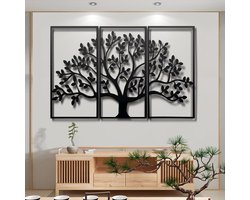 CHIWIN Levensboom Wanddecoratie Metaal 3-delige - Boom Muurdecoratie Woonkamer - Moderne Muurkunst - Opengewerkt Ontwerp Wandbord - 3D Schaduweffect - Snel Te Monteren - Zwart