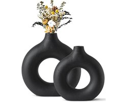 CHIWIN ModernSerie – 2-delige Keramische Vazen Set – Mat Zwart Donut Design – Voor Droogbloemen, Cadeau voor Woningdecoratie, Moederdag & Bruiloften