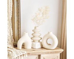 CHIWIN NordicSerie – 3-delige Keramische Vazen Set – Mat Wit – Voor Droogbloemen – Boho Decoratie – Cadeau voor Woonkamer, Bruiloft, Moederdag