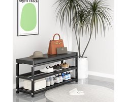 CHIWIN Opbergbank Met Schap - Schoenenbank 3 Laags - Opbergbank voor Hal en Gang - Schoenenrek met Zitbank - Multifunctionele Bank 75x25x41.5 cm - Zwart