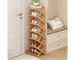 CHIWIN Opvouwbaar Schoenenrek Bamboe 7-Lagen - Klein Schoenen Rek Hout Voor 7 paar Schoenen - Schoenenkast Natuurlijk Bamboe - Ruimtebesparend - Geen Montage - Stabiele Opbouw - 26x26x105 cm