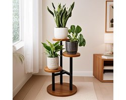 CHIWIN Plantenstandaard Binnen - 3-Laags - Plantenrek Moderne - Plantentrap - Plantentafel - Plantentafeltje voor Binnen - Stabiele Basis - Eenvoudige Montage - Metaal & Hout - Bruin