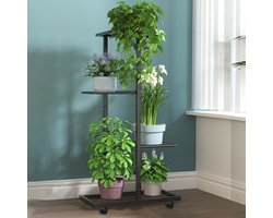CHIWIN Plantenstandaard met 4 Wieltjes – 5-laags Metalen Bloemenrek voor Binnen & Buiten – Verplaatsbare Plantentafel met Rond Afgewerkte Hoeken – Roestvrij, Ruimtebesparend, Decoratief voor Balkon, Tuin & Woonkamer