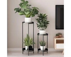 CHIWIN Plantenzuil - Set van 2 - Plantentafel Binnen - Plantenstandaard 2 etages - Bloemenstandaard Metaal - Metaal & Hout - Woonkamer Hoek Balkon Decoratie - Zwart