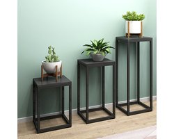 CHIWIN Plantenzuil - Set van 3 - Plantentafel Binnen - Plantenstandaard - Plantenzuil Industrieel - Metaal & Hout - Woonkamer Hoek Balkon Decoratie - Zwart