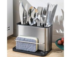 CHIWIN Roestvrijstalen Bestekhouder met Afdruipschaal – Keuken Organizer voor Bestek & Keukengerei – Afneembaar, Ventilerend & Ruimtebesparend – RVS