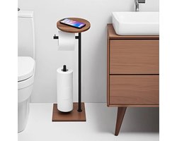 CHIWIN Toiletrolhouder Staand met Hout Plankje - WC Rolhouder Zonder Boren met Reserverolhouder - 4-rol Capaciteit - Toiletpapier Houder Vrijstaand Metaal Zwart - Stabiel & Stevig - Makkelijk te Monteren - voor Badkamer en Toilet