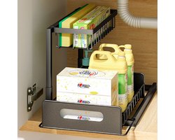 CHIWIN Uittrekbare Lade Onder Goelkast – 2-Lagen Metalen Opbergsysteem voor Keukenkastje – Organizer voor Onder de Spoelbak – Roestvrij, Stevig & Verstelbaar