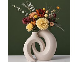 CHIWIN Vaas Keramiek - Set van 2 - Mattes Keramiek Vazen - Met Gaten - Modern Design - Handgemaakt Keramiek - Boho Home Decor - Beige