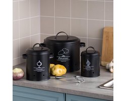 CHIWIN Voorraadpotten 3-delige set - Uienpot, Knoflookpot & Aardappelpot met deksel - Ventilatiegaatjes - Modern Aardappelen Voorraadpot Zwart Minimalistisch - Stevige Handvatten - Type B