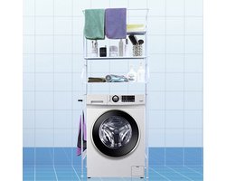 CHIWIN Vrijstaand Badkamerrek met Handdoekhouder – 3 Lagen Stalen Wasmachine Opbergrek – Zonder Boren – Ruimtebesparend WC en Badkamerrek 161x66cm – Stevig & Waterbestendig