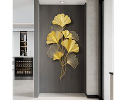 CHIWIN Wanddecoratie Metaal 3D Gouden Ginkgo - Muurdecoratie Woonkamer Handgemaakt - Muurkunst - Vintage Decoratie Muursculptuur - voor Slaapkamer Woonkamer Eetkamer - 108 x 55 cm