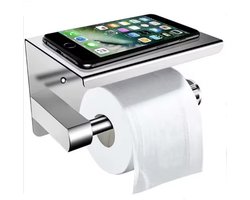 CHPN - Zelfklevende WC Rolhouder - Toiletrolhouder - Met plankje voor je telefoon - Zelfklevend - Zilverkleurig/Chrome - Houder voor wcrol - Badkamer accessoire