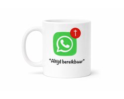 Christelijke mok – “ALTIJD BEREIKBAAR” – BEMOEDIGEND CADEAU – GELOOF & GEBED - Christelijk cadeau - Geloofsboodschap - Cadeau kerk - Cadeau met betekenis - Mok kantoor - Koffiemok - Theemok - Gebed - Bemoedigend cadeau -