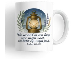 Christelijke mok – Uw woord is een lamp voor mijn voet (Psalm 119:105) – koffiemok/theemok – bemoediging & leiding – cadeau: afstuderen, verjaardag, diploma – werk & studie – 330 ml