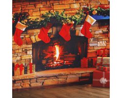 Christmas Fireplace Background, Happy New Year Christmas Fireplace Banner Decorations Brick Red Stockings Photo Studio Background for Christmas Holiday Party Photography Props (212x150cm)