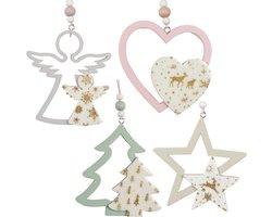 Christmas Paradise - Kerstboom Decoratie - Set van 4 stuks - Engel - Hart - Boom - Ster - Hout - Glitter - 10 cm - Christmas - Kerstboom - Versiering