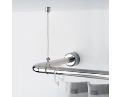 Chroom douchegordijnhouder - Afmetingen 05 x 150 x 2 cm - Hoogte verstelbaar - Staalkabel plafondhouder - Design R&S - 2 jaar garantie