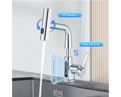 Chroom Wastafelkraan Badkraan Met Uittrekbare Sproeier – 3 Spuitstanden – Draaibaar & Verstelbaar – Met Temperatuur Display – RVS