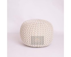 Chunky Gebreide Ronde Poef van 100% Katoen voor Woonkamer - Handgemaakt Voetbank voor Kinderen en Volwassenen - Kleur Cream