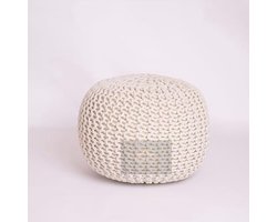 Chunky Gebreide Ronde Poef van 100% Katoen voor Woonkamer - Handgemaakt Voetbank voor Kinderen en Volwassenen - Kleur Cream